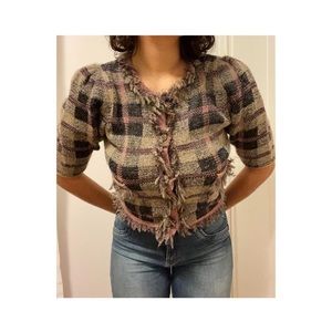 button up • flannel/plaid print • sparkly • never worn